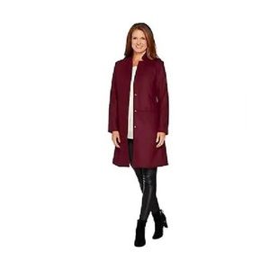 H by Halston Burgundy Knee Length Snap Front Soft Faux Wool Notch Collar Coat